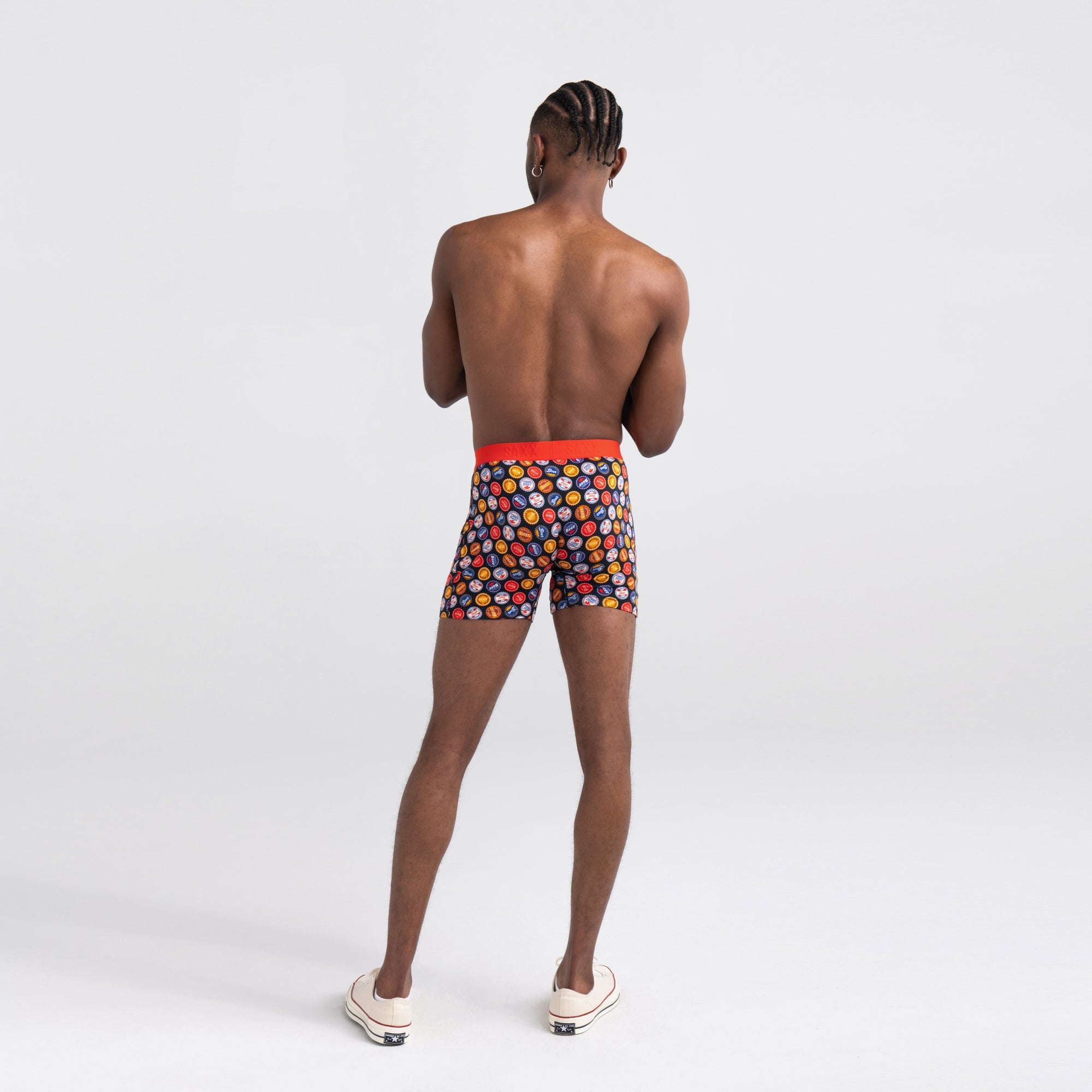 Back - Model wearing Ultra Super Soft Boxer Brief in Beers Of The World- Multi
