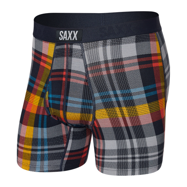 Front of Ultra Boxer Brief Fly in Multi Free Fall Plaid