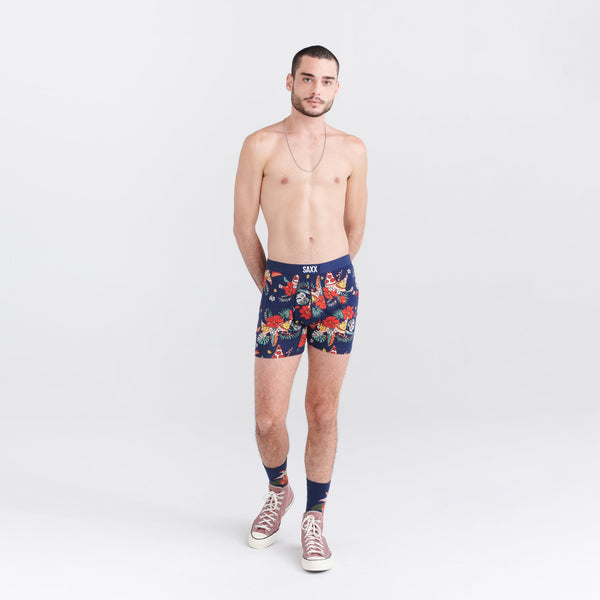 Front - Model wearing Ultra Super Soft Boxer Brief Fly in Hawaiian Pizza- Navy