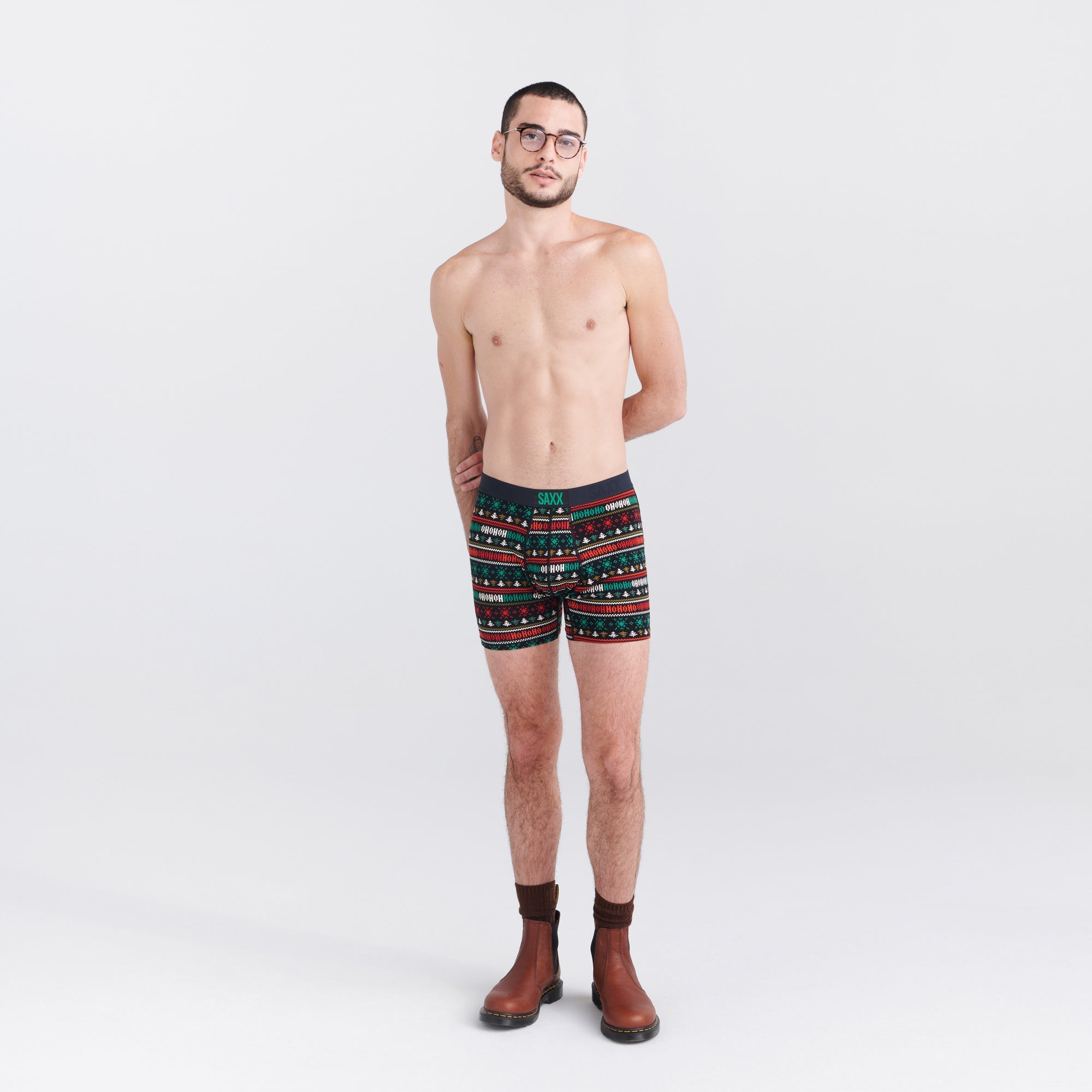 Front - Model wearing Ultra Super Soft Boxer Brief Fly in Holiday Sweater- Black
