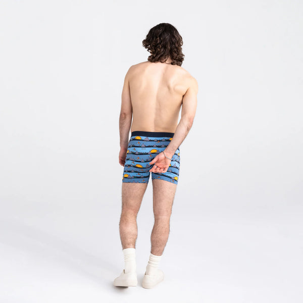 Back - Model wearing Ultra Super Soft Boxer Brief Fly in Lazy River- Blue