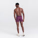 Back - Model wearing Ultra Super Soft Boxer Brief Fly in Micro Stripe- Plum