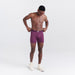 Front - Model wearing Ultra Super Soft Boxer Brief Fly in Micro Stripe- Plum