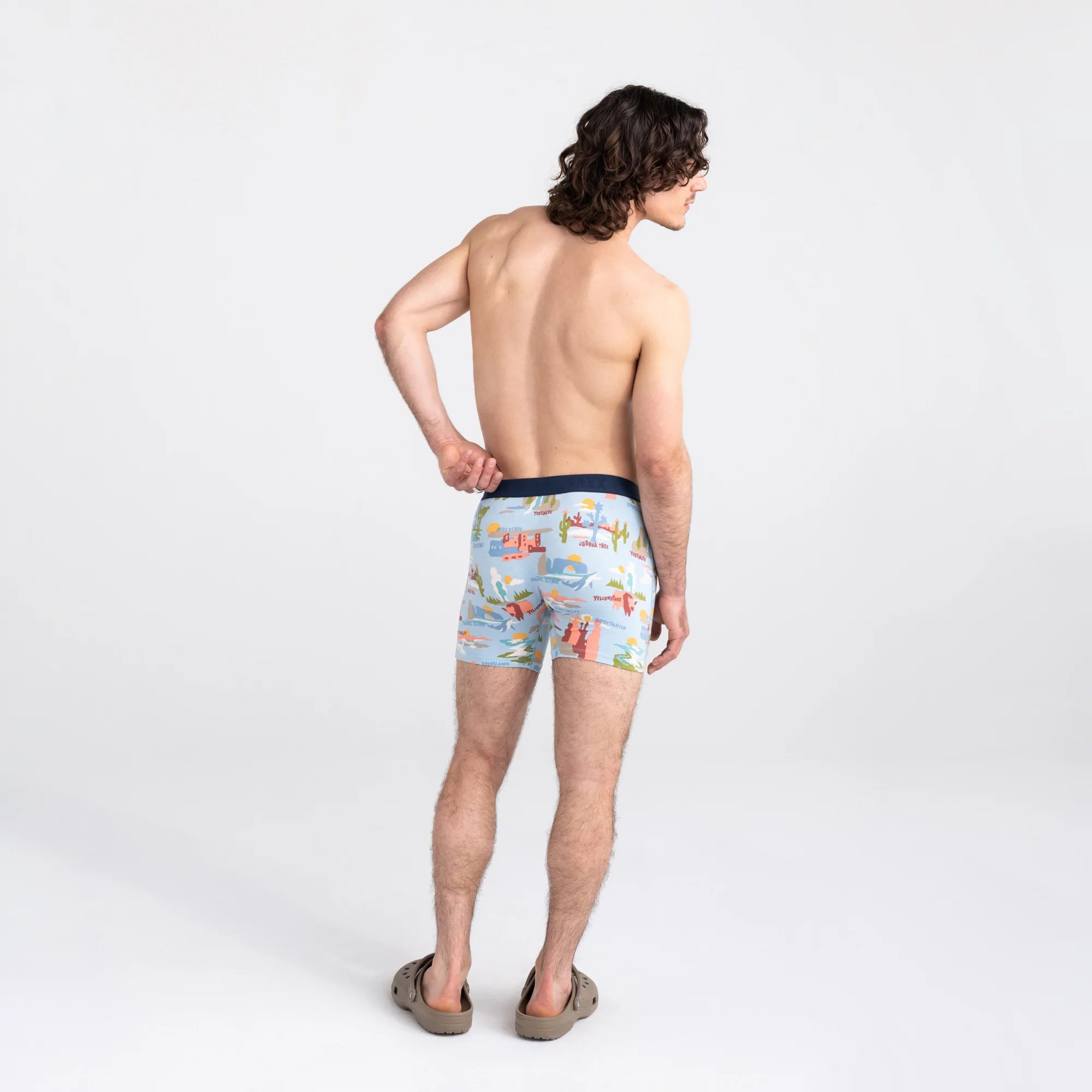 Back - Model wearing Ultra Super Soft Boxer Brief Fly in Park Tour Guide- Blue