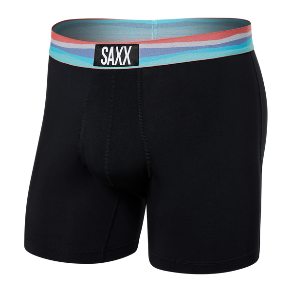 Front of Ultra Super Soft Boxer Brief Fly in Black Cutback Stripe Waistband