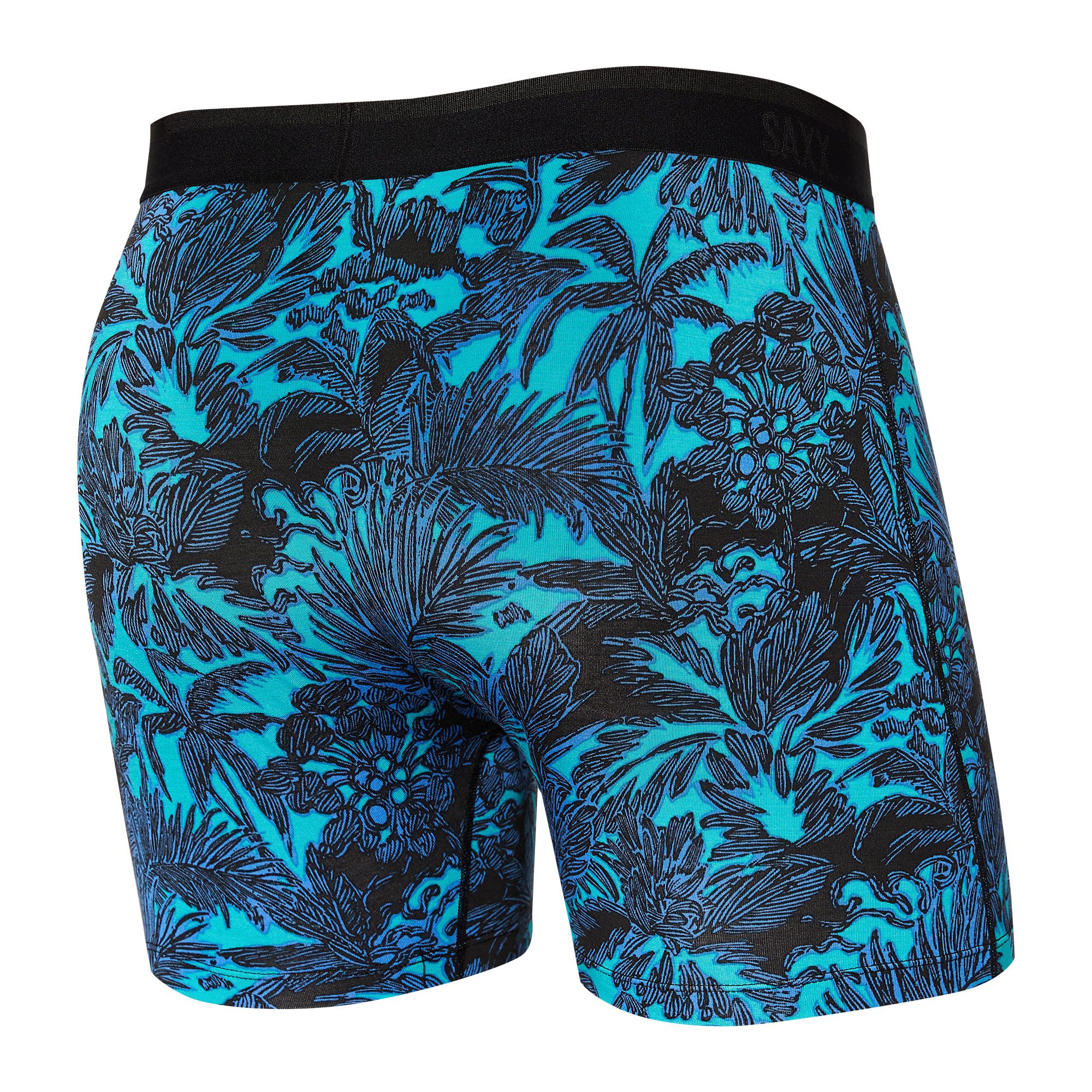 Back of Platinum Boxer Brief Fly in Lush Tropics- Racer Blue