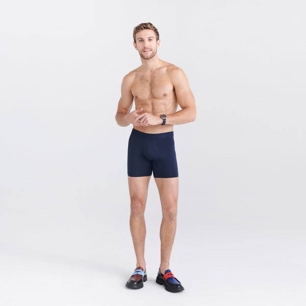 Front - Model wearing Droptemp Cooling Cotton Boxer Brief Fly 2-Pack in Dark Ink/Black