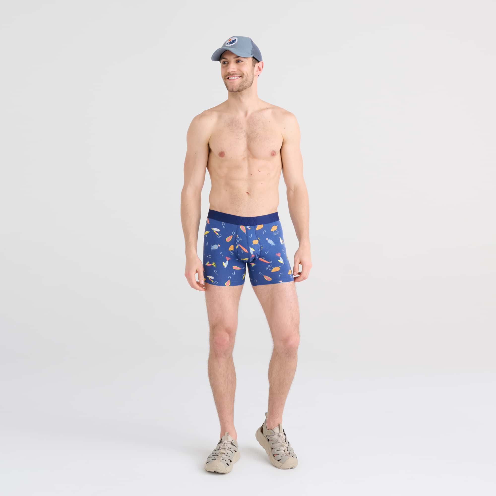 Front - Model wearing DropTemp Cooling Cotton Boxer Brief in Lures- Blueberry