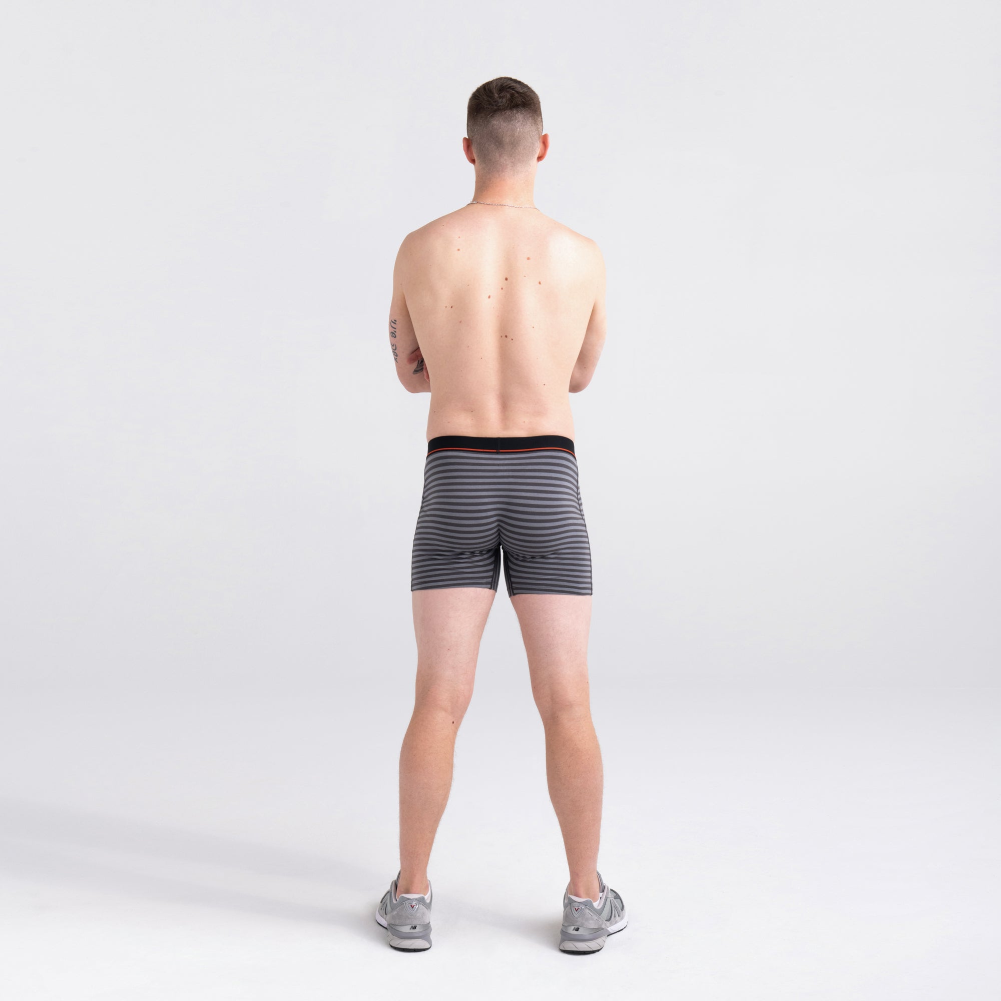 Back - Model wearing Non-Stop Stretch Cotton Boxer Brief in Hiker Stripe- Grey