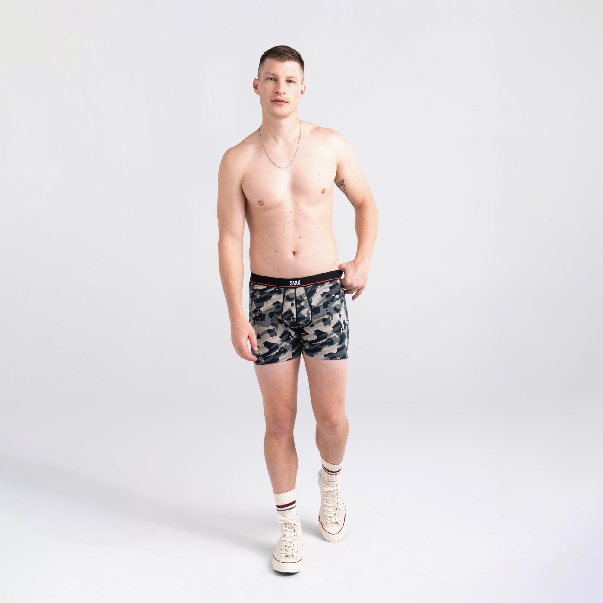 Front - Model wearing Non-Stop Stretch Cotton Boxer Brief in Pop Grunge Camo- Graphite