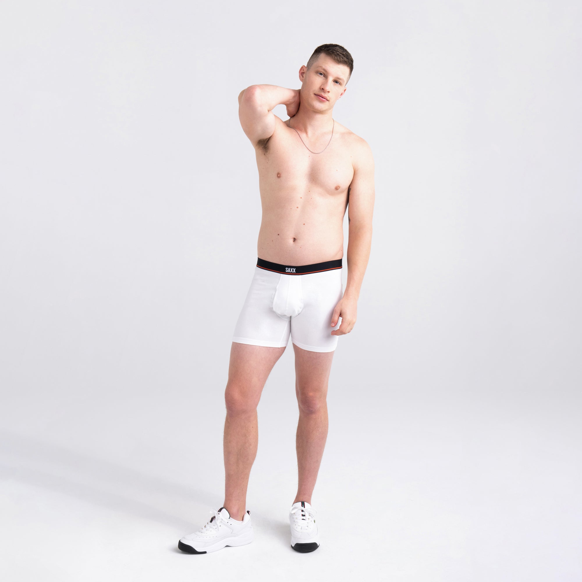 Front - Model wearing Non-Stop Stretch Cotton Boxer Brief in White