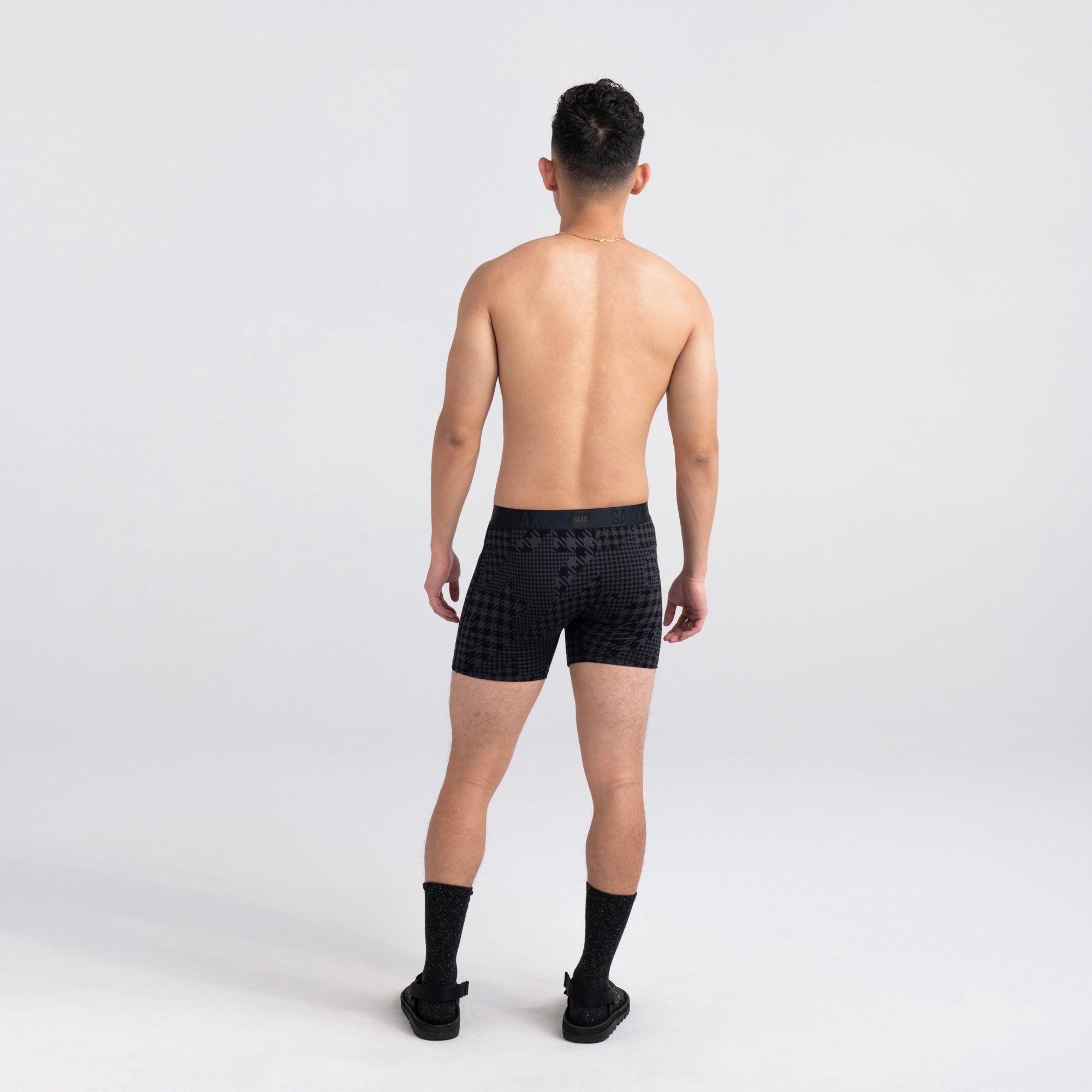 Back - Model wearing 22nd Century Silk Boxer Brief in Dogstooth Camo- Black