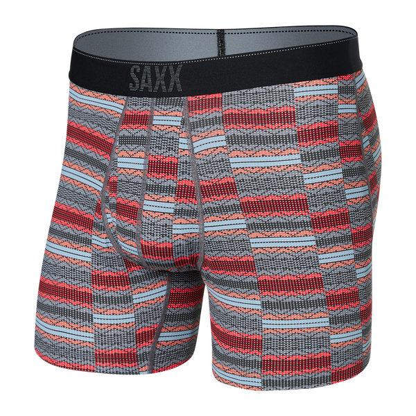 Front of Quest Quick Dry Mesh Boxer Brief Fly in Asher Stripe- Red