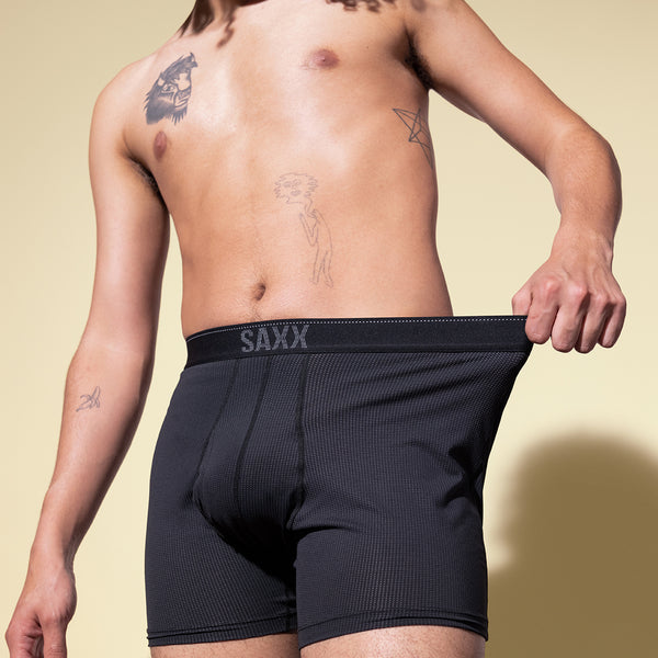 Model posing in Quest Boxer Brief Fly in Black