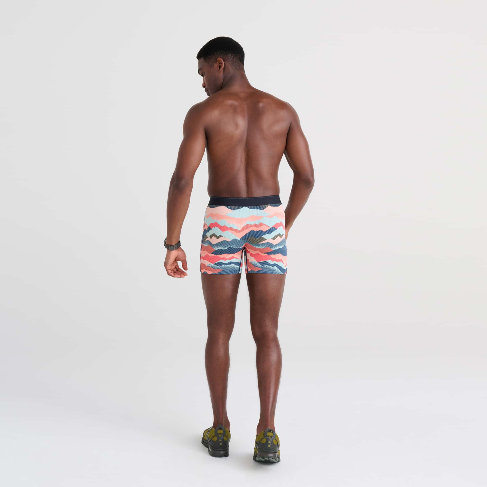 Back - Model wearing Quest Baselayer Boxer Brief in Mountain Abstract- Multi