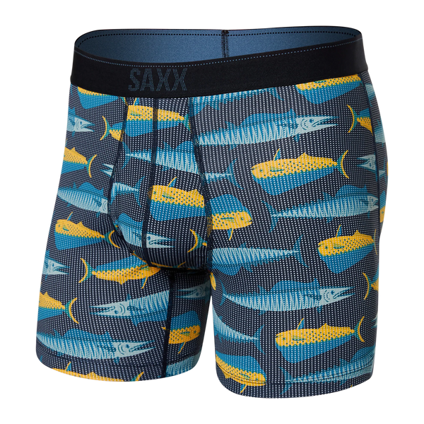Front of Quest Quick Dry Mesh Boxer Brief Fly in Mahi Mahi Wahoo- Black