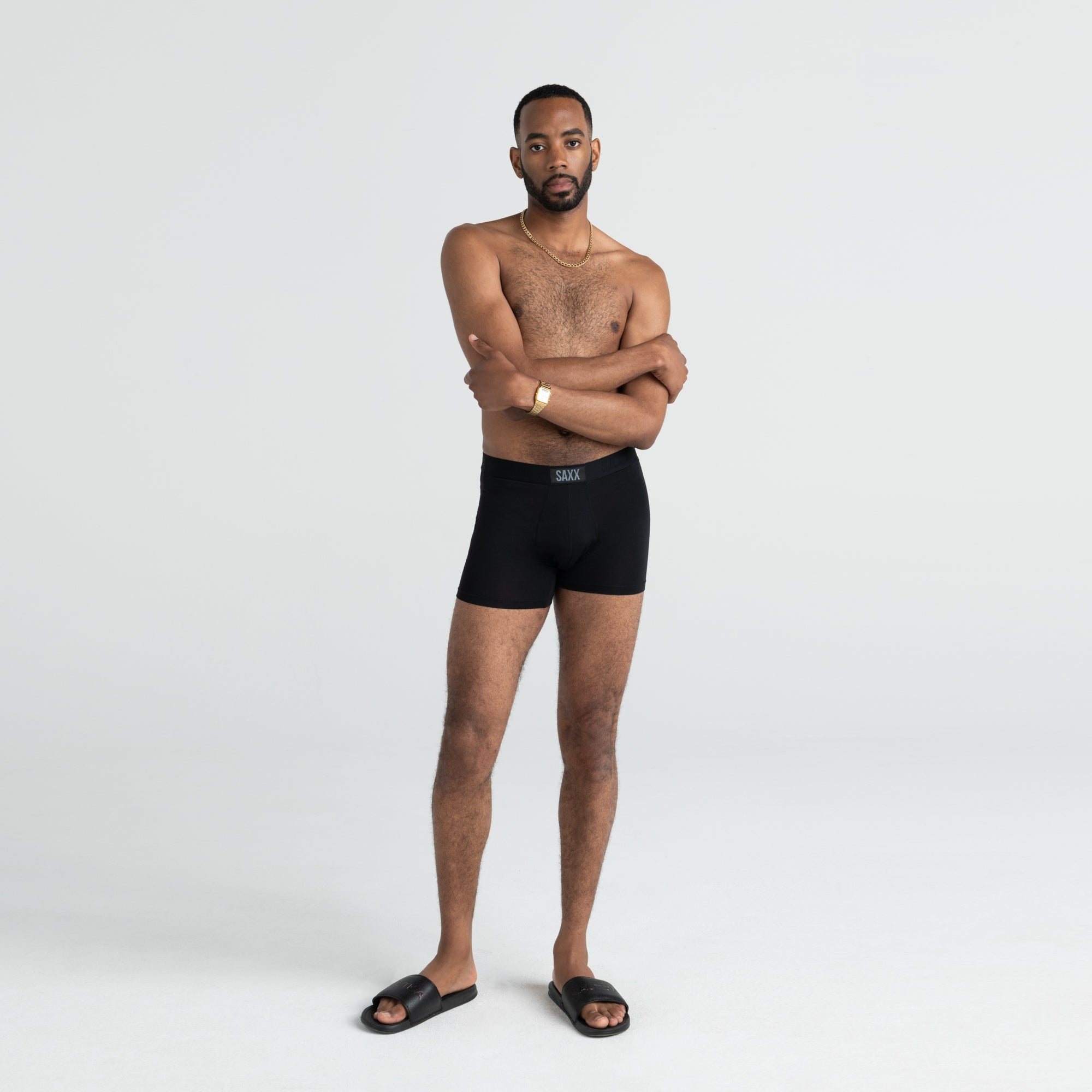 Front - Model wearing Vibe Boxer Brief 2 Pack in Black/Black
