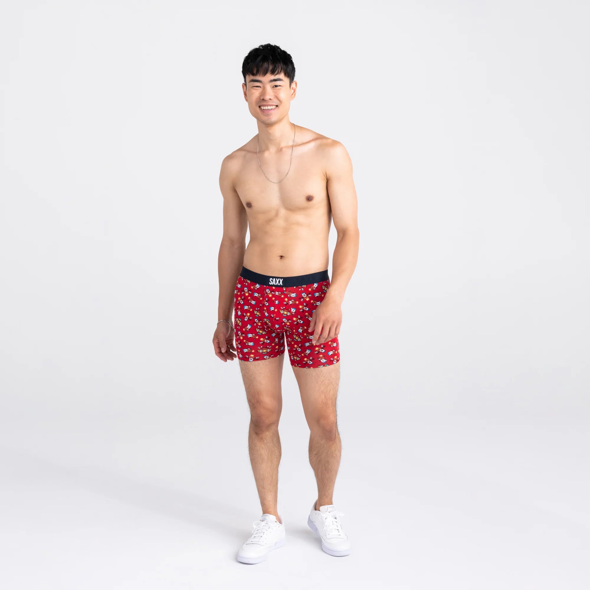 Front - Model wearing Vibe Super Soft Boxer Brief in Black/Grey Heather