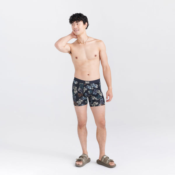 Front - Model wearing Vibe Super Soft Boxer Brief in Friday Night Camo- Black