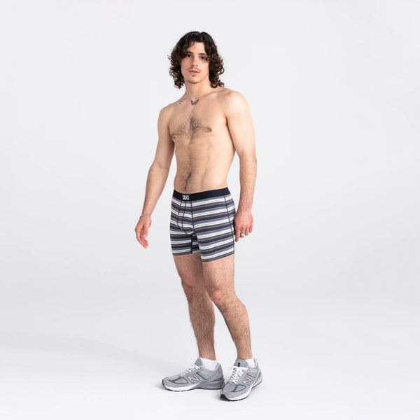 Front - Model wearing Vibe Super Soft Boxer Brief in Freehand Stripe- Grey