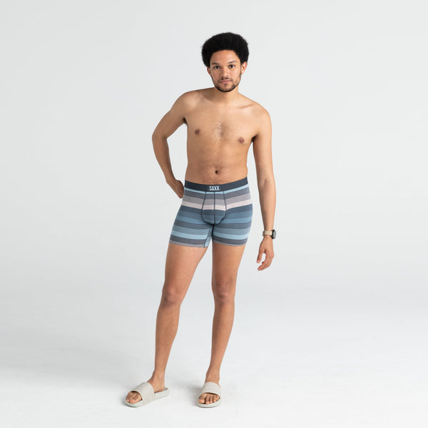 Front - Model wearing Vibe Boxer Brief in Hazy Stripe- Washed Blue
