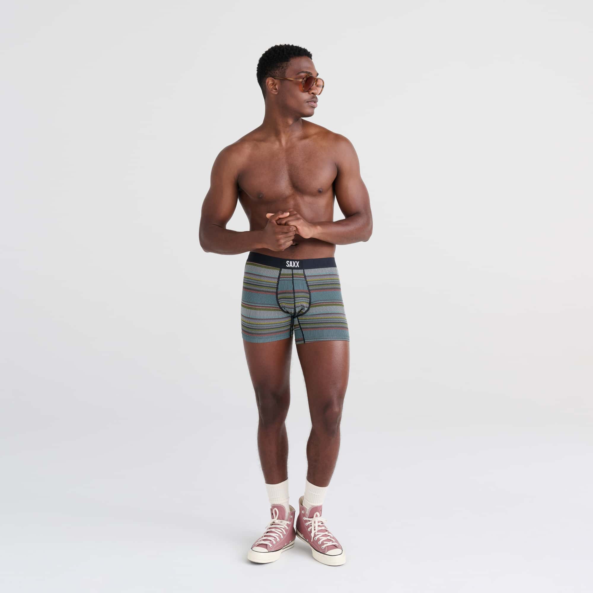 Front - Model wearing Vibe Boxer Brief in Hyperactive Stripe- Multi