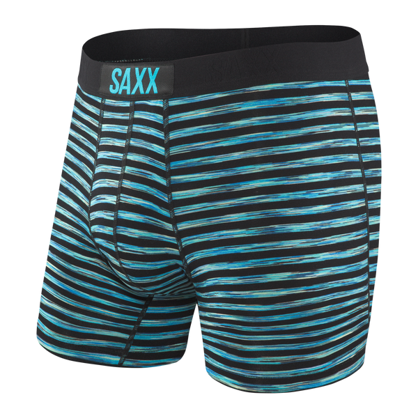 Front of Vibe Boxer Brief in Black Space Hiker Stripe