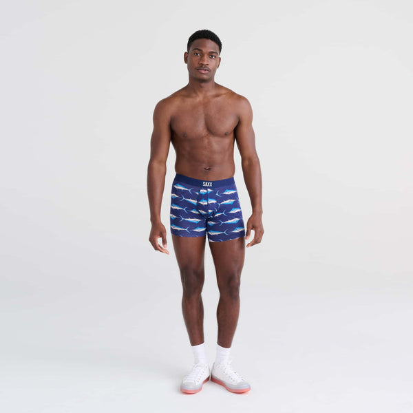 Front - Model wearing Vibe Boxer Brief in Marlin Matrix- Midnight