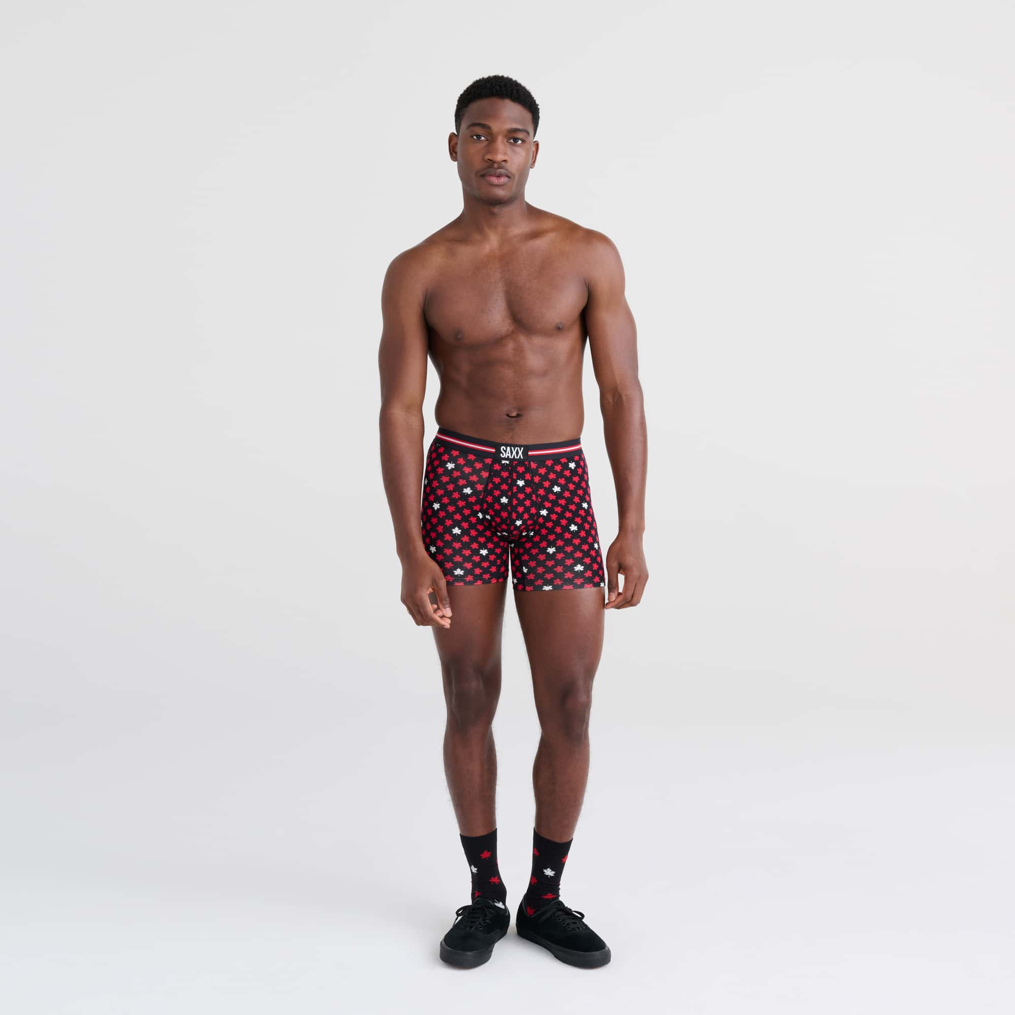 Front - Model wearing Vibe Boxer Brief in Maple Leaf- Black