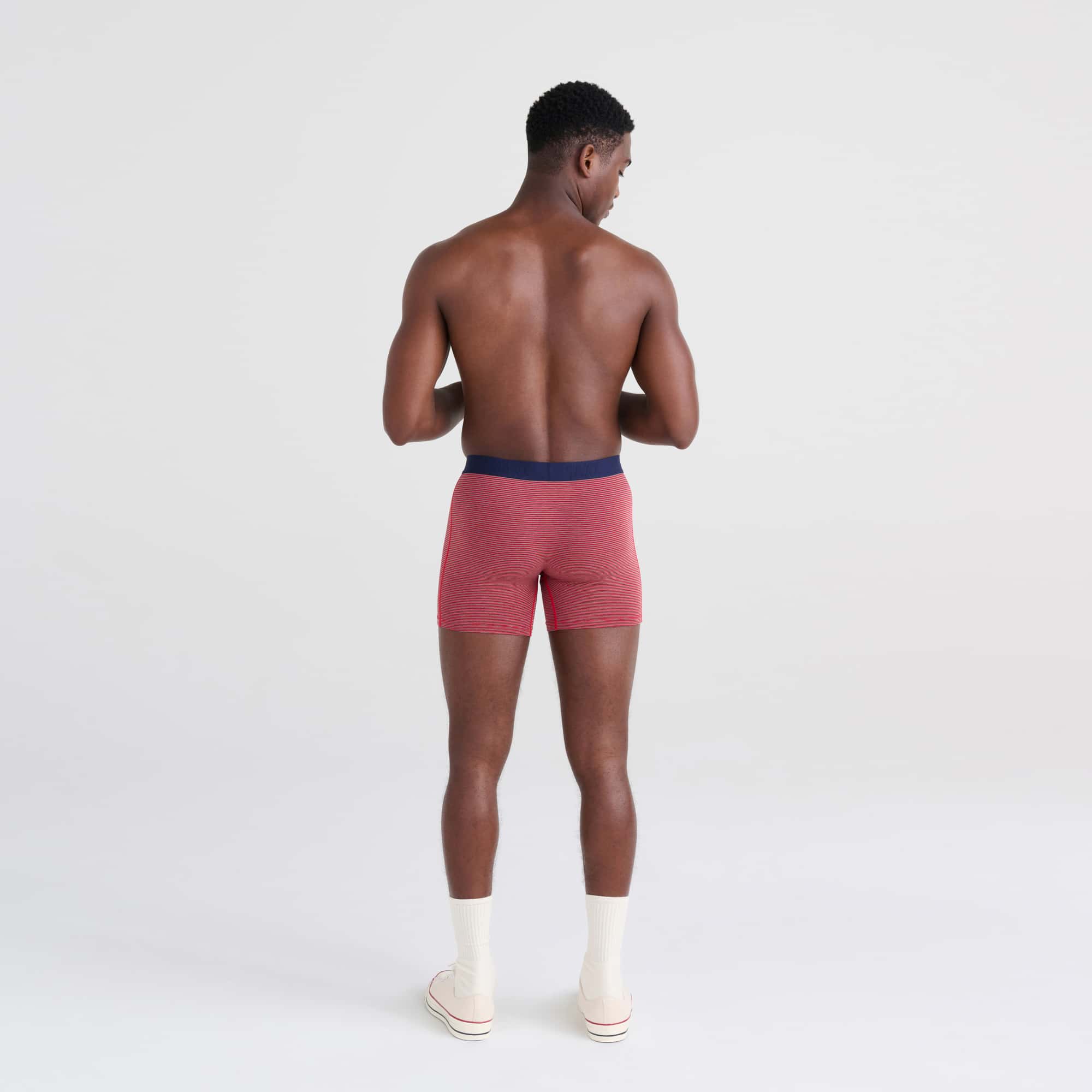 Back - Model wearing Vibe Boxer Brief in Mini Stripe- Cherry