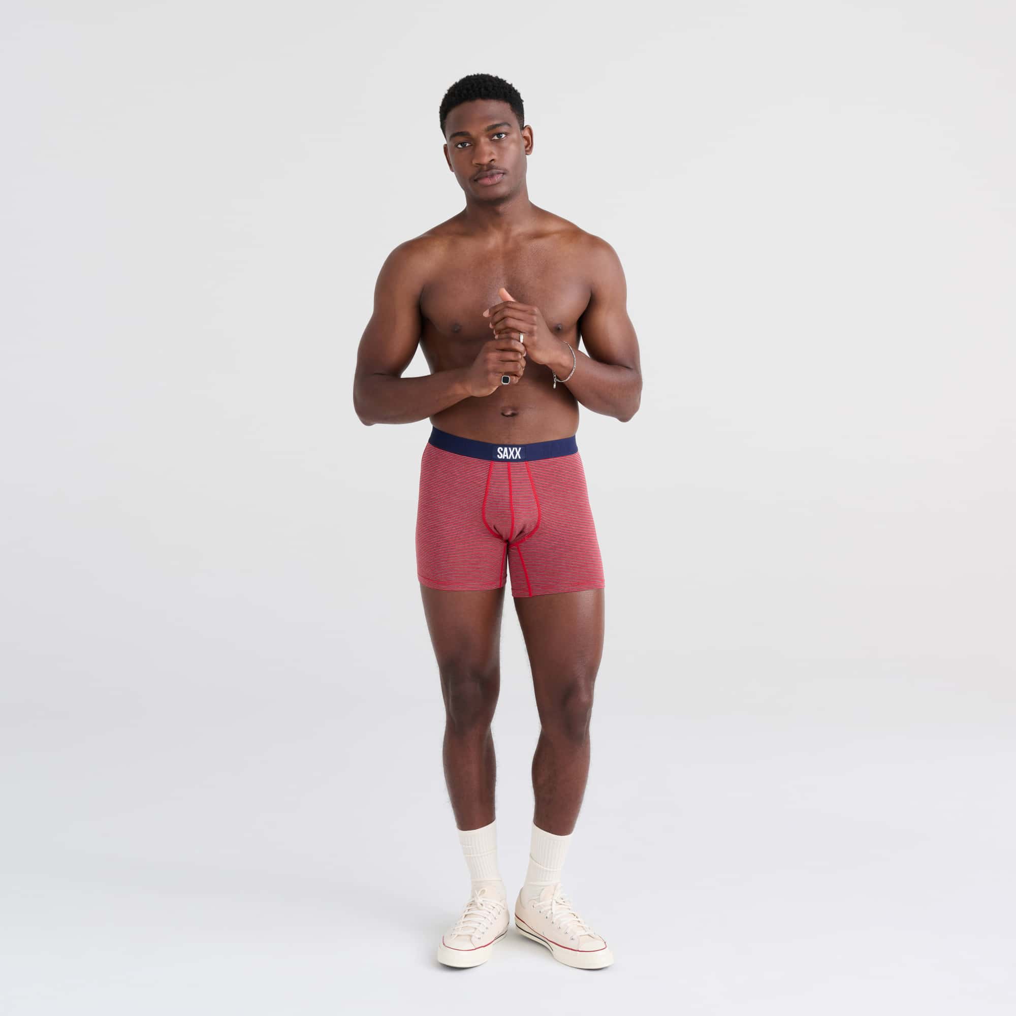 Front - Model wearing Vibe Boxer Brief in Mini Stripe- Cherry