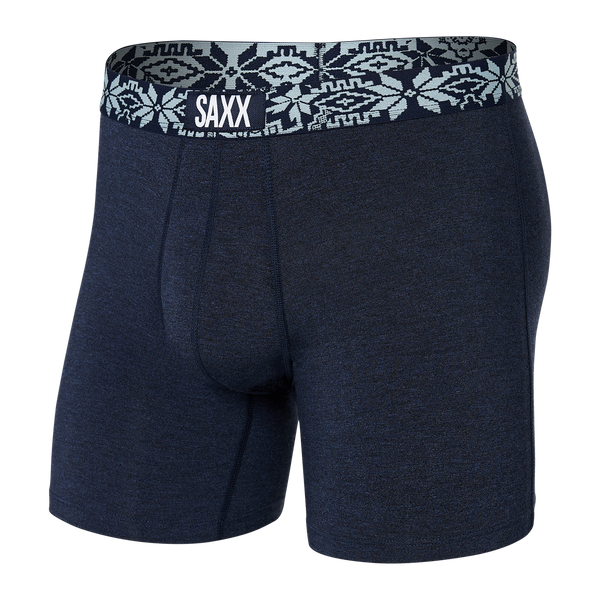 Front of Vibe Super Soft Boxer Brief in Navy Heather/Holiday Waistband