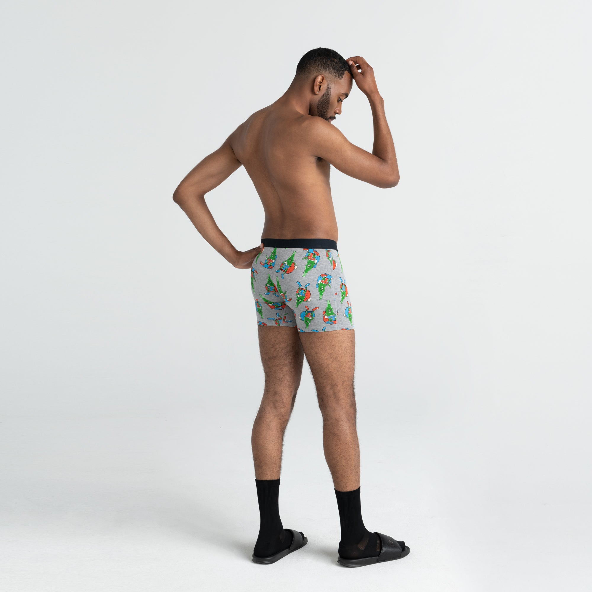 Back - Model wearing Vibe Boxer Brief in Pants Drunk- Grey Heather