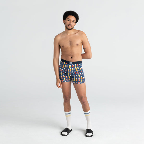 Front - Model wearing Vibe Boxer Brief in Dk Denim Pitcher Perfect