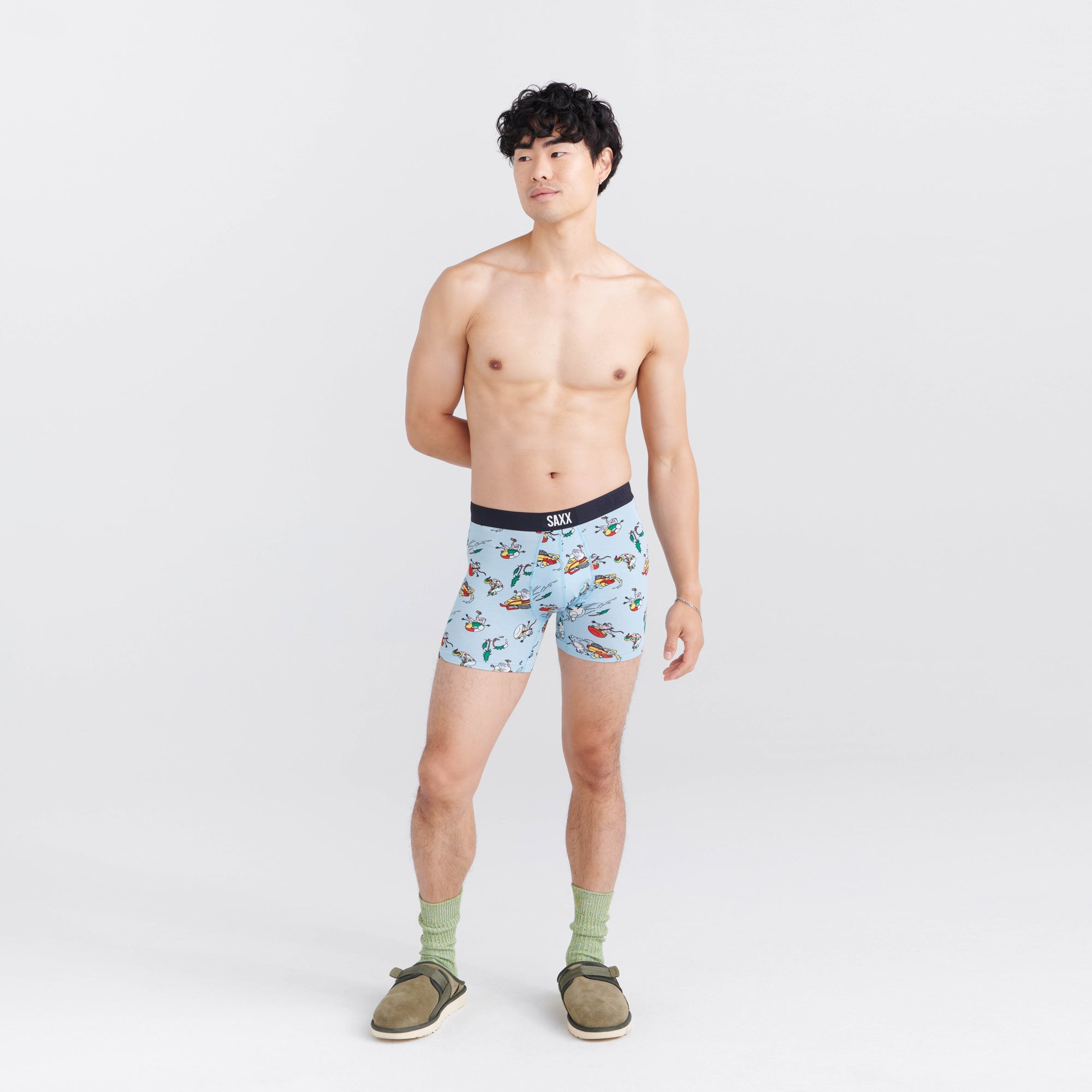 Front - Model wearing Vibe Super Soft Boxer Brief in Totally Tubular- Fog Blue