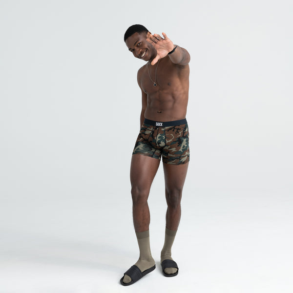 Front - Model wearing Vibe Boxer Brief 2 Pack in Black/Wood Camo