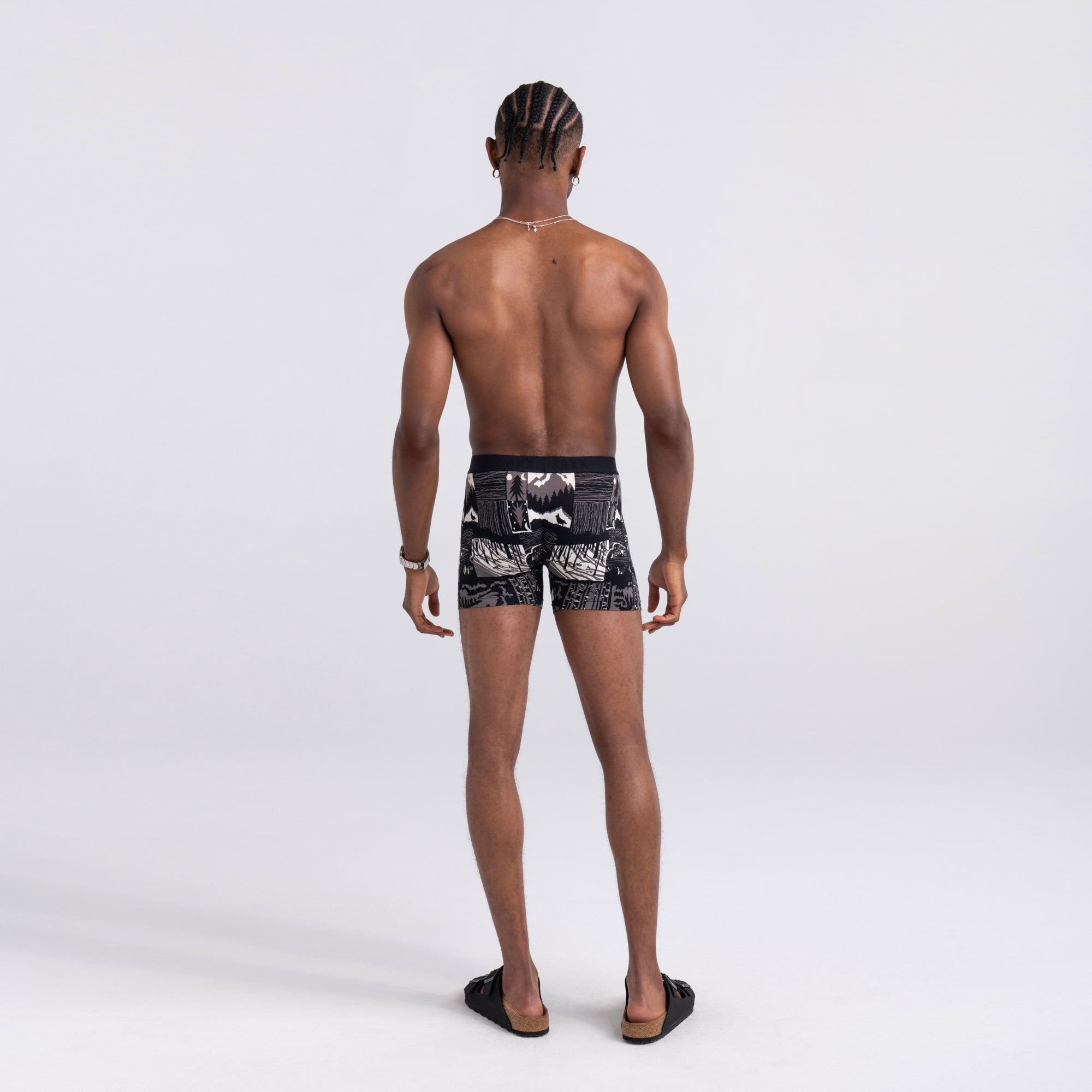 Back - Model wearing Vibe Super Soft Boxer Brief in Winter Shadows- Black
