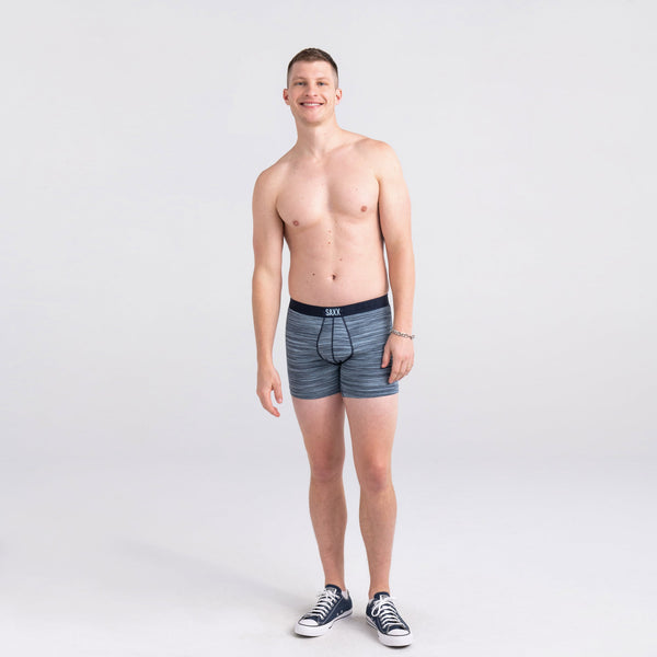 Front - Model wearing Vibe Super Soft Boxer Brief in Spacedye Heather- Blue