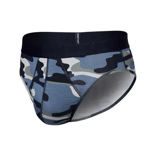 Front of DropTemp Cooling Cotton Brief in Tidal Camo- Blue