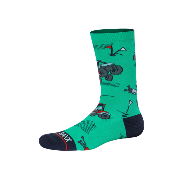 Front of Whole Package Crew Sock in Off Course Carts- Green