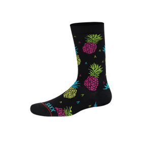 Front of Whole Package Crew Sock in Pineapple Flip- Black