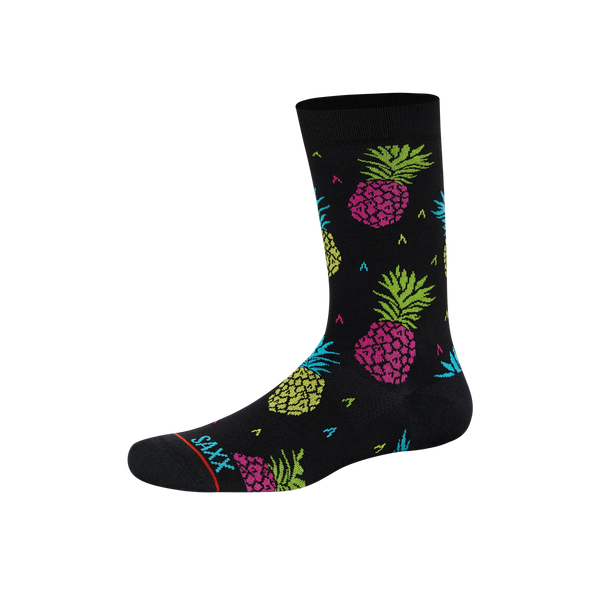Front of Whole Package Crew Sock in Pineapple Flip- Black
