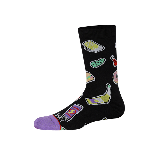 Front of Whole Package Crew Sock in Sticker Snacks- Black