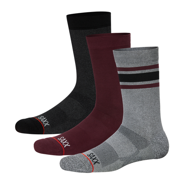 Front of Whole Package Crew 3-Pack in Athletic Stripe/Burnt Plum/Black Heather