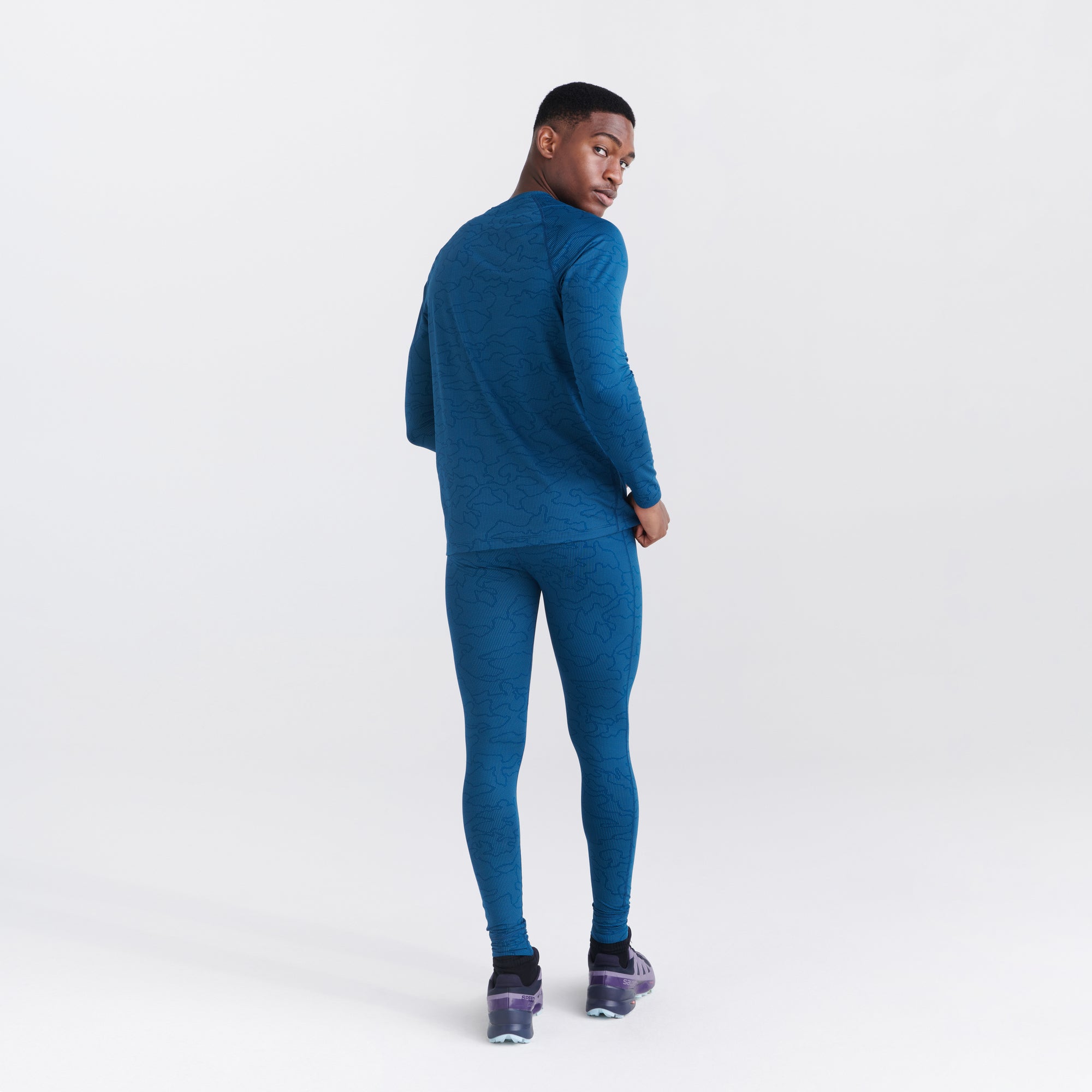 Back - Model wearing Quest Quick Dry Mesh Baselayer Tight Fly in Camo Jacquard- Teal