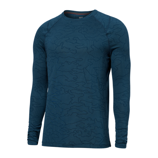 Front of Quest Quick Dry Mesh Baselayer Long Sleeve Crew in Camo Jacquard- Teal