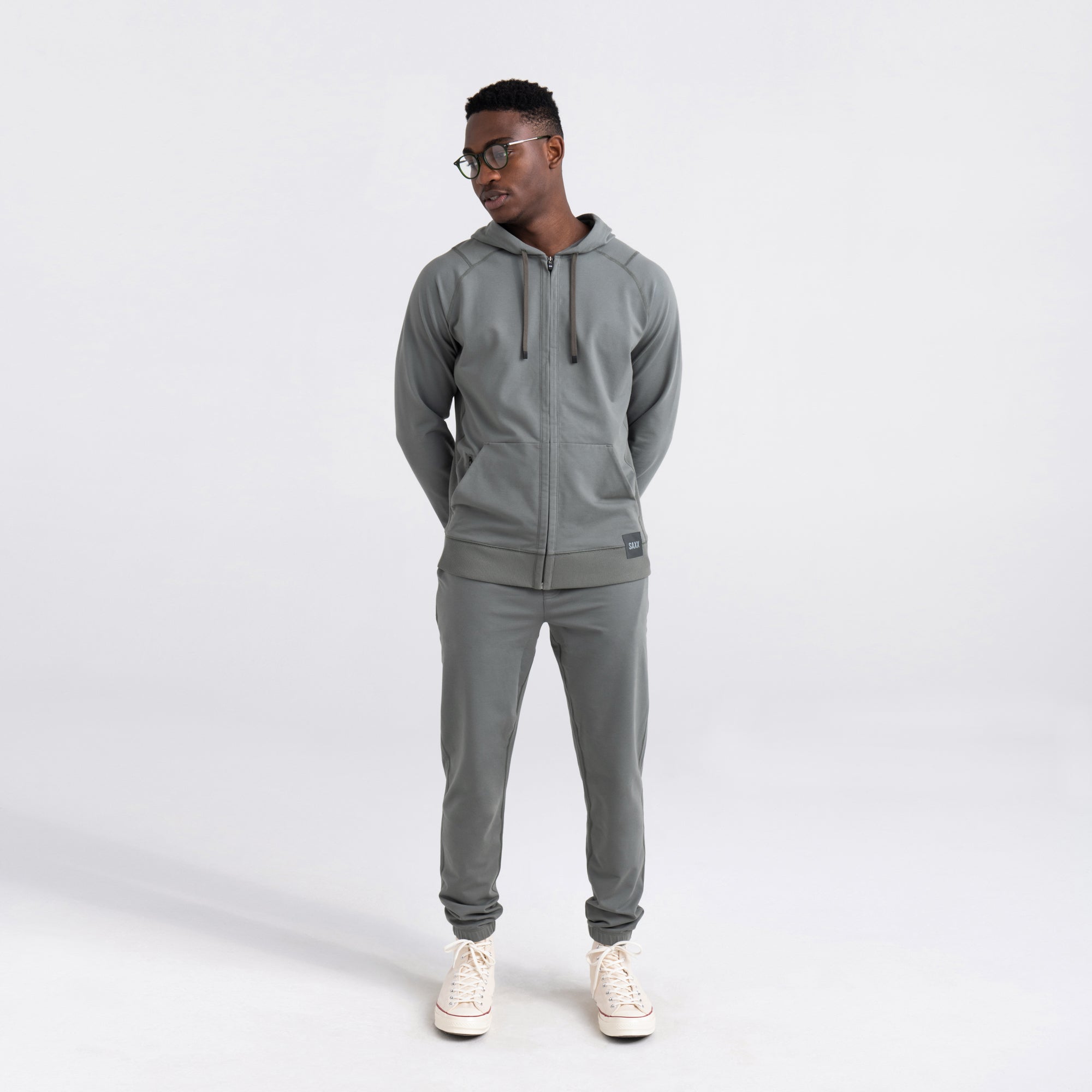 Front - Model wearing Down Time Full Zip Hoodie Lounge in Cargo Grey