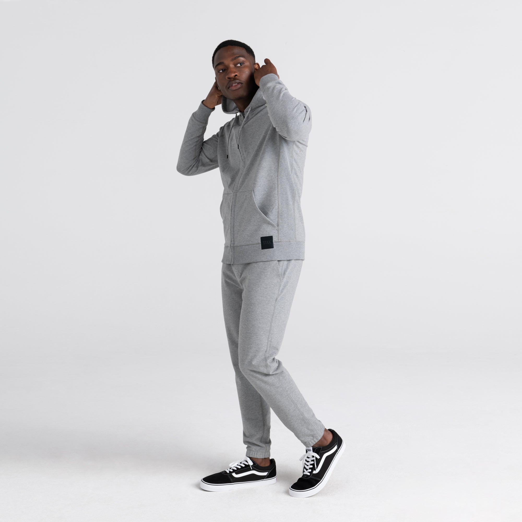 Front - Model wearing Down Time Lounge Full Zip Hoodie in Grey Heather