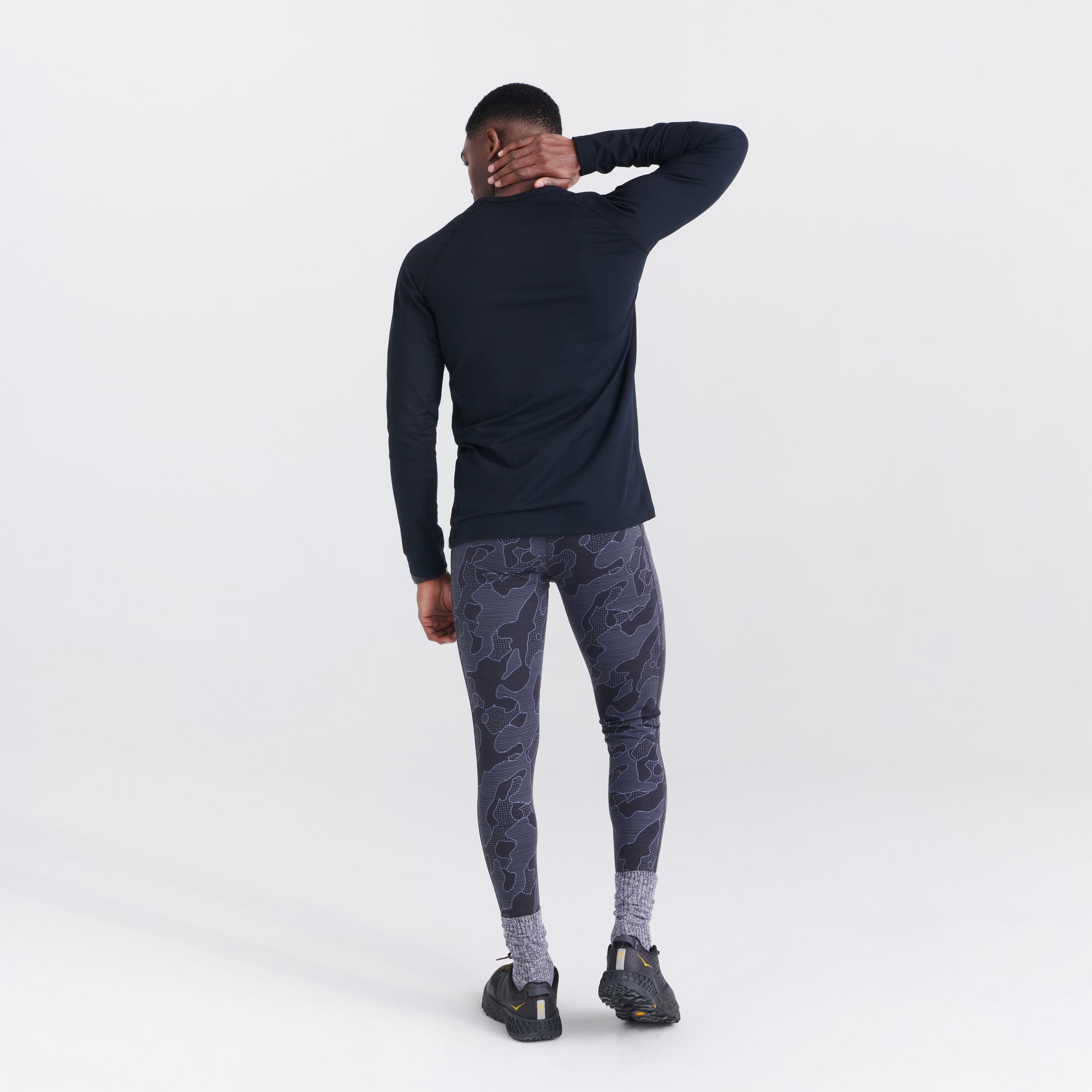 Back - Model wearing Roast Master Mid-Weight Baselayer Tight Fly in Pomo Camo- Twilight