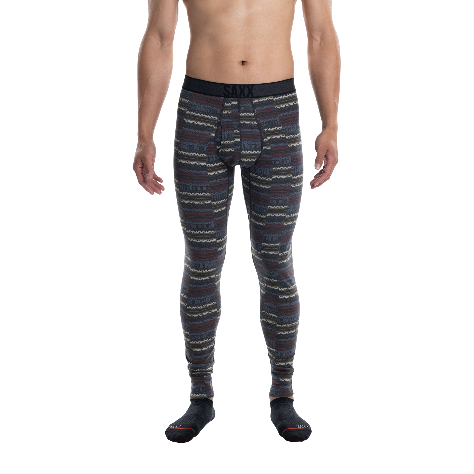 Front - Model wearing Roast Master Mid-Weight Baselayer Tight Fly in Stepped Stripe- Multi